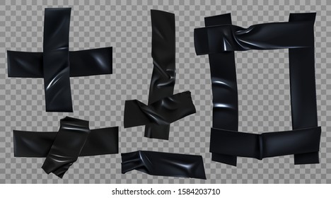 Black duct tape set. Insulating adhesive stripe, square and cross shape, glued sticky pieces for fix, repair or packaging isolated on transparent background Realistic 3d vector illustration