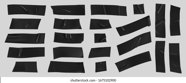 Black duct tape set. Realistic black adhesive tape pieces for fixing isolated on gray background. Paper glued. Realistic 3d vector illustration