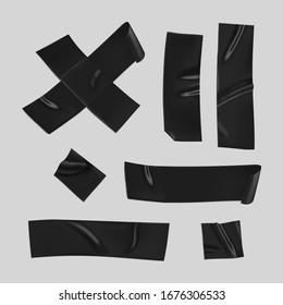 schwarzes Klebeband. Realistische, schwarze Klebebänder zum Fixieren einzeln auf grauem Hintergrund. Schottenkreuz und Papier geklebt. Realistische 3D-Vektorillustration-Illustration
