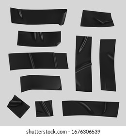 Black duct tape set. Realistic black adhesive tape pieces for fixing isolated on gray background. Paper glued. Realistic 3d vector illustration