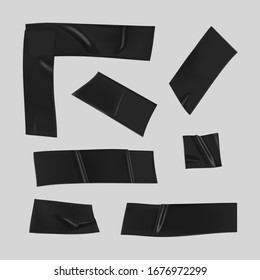 Black duct tape set. Realistic black adhesive tape pieces for fixing isolated on gray background. Corner and paper glued. Realistic 3d vector illustration