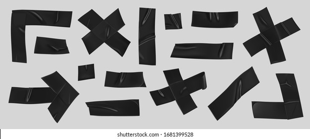 Black duct tape set. Realistic black adhesive tape pieces for fixing isolated on grey background. Arrow, cross, corner and paper glued. - Shutterstock ID 1681399528
