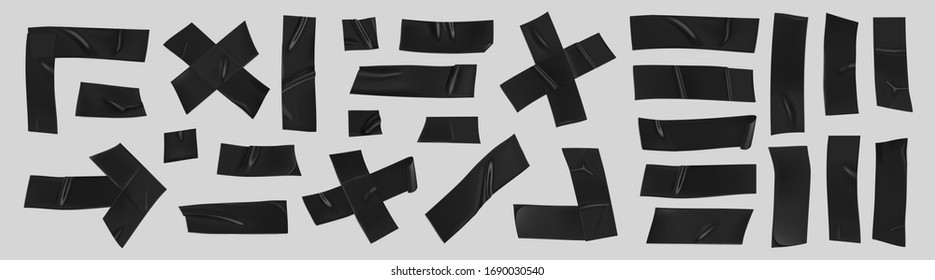 Black duct tape set. Realistic black adhesive tape pieces for fixing isolated on grey background. Arrow, cross, corner and paper glued. Realistic 3d vector illustration