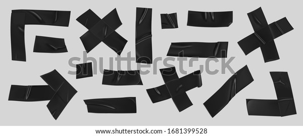 Black duct tape set. Realistic black adhesive tape\
pieces for fixing isolated on grey background. Arrow, cross, corner\
and paper glued.