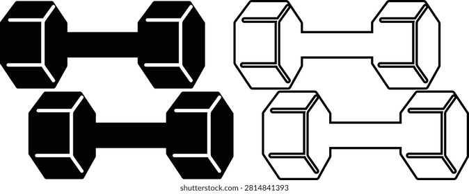 Black Dumbbell Icon in Flat and Line Style Vector Illustration, Hexagonal Free Weight Fitness Gym Equipment Strength Training Sport Symbol Isolated on Transparent Background