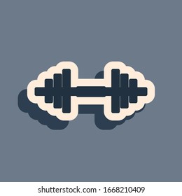 Icono del Dumbbell negro aislado en fondo gris. Icono de elevación muscular, barbacoa de fitness, icono de gimnasio, símbolo de equipamiento deportivo, campana de bumbar de ejercicio. Estilo de sombra largo. Ilustración vectorial
