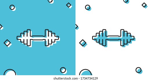 Black Dumbbell icon isolated on blue and white background. Muscle lifting icon, fitness barbell, gym icon, sports equipment symbol, exercise bumbbell. Random dynamic shapes. Vector Illustration