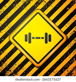 Ícone de sino preto isolado no fundo amarelo. Ícone de levantamento muscular, ginásio, equipamento de esportes, bumbbell exercício. Sinal de aviso. Ilustração de vetor