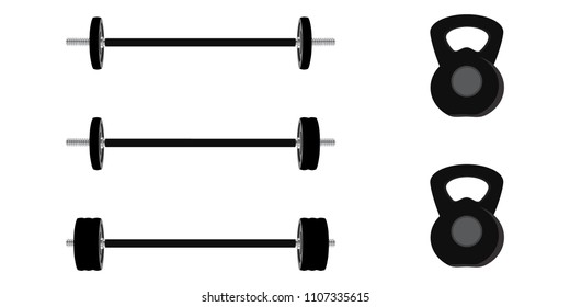 Black dumbbell and kettlebell vector set. Sport fitness center. Weight Training Equipment concept.