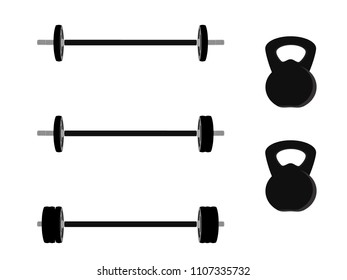 Black dumbbell and kettlebell vector set. Sport fitness center. Weight Training Equipment concept.