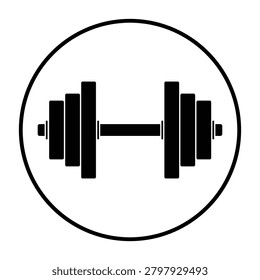 Black Dumbbell Vector Icon Inside Circle. Gym Equipment, Fitness And Weightlifting Symbol. Bodybuilding, Strength Workout And Exercise Silhouette Sign For Logo Design Isolated On White Background
