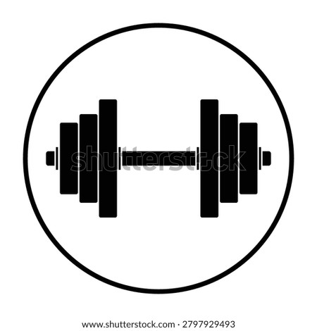 Black Dumbbell Vector Icon Inside Circle. Gym Equipment, Fitness And Weightlifting Symbol. Bodybuilding, Strength Workout And Exercise Silhouette Sign For Logo Design Isolated On White Background