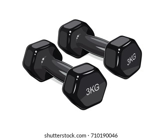 Black dumbbells for fitness. Sports inventory. Barbells. Bodybuilding gym equipment. Isolated white background. Vector illustration.