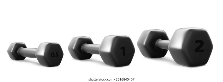 Black dumbbells set isolated on white background. Vector realistic illustration of equipment for gym exercises, heavy weight lifting workout accessories, fitness training items, healthy lifestyle