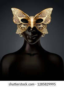 Black dummy model wearing carnival butterfly mask in 3d illustration