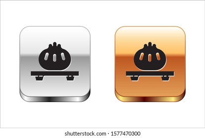 Black Dumpling on cutting board icon isolated on white background. Traditional chinese dish. Silver-gold square button. Vector Illustration