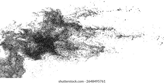 Textura de explosão de poeira preta no fundo branco - efeito de borrifo de pontilhada abstrato para design e sobreposição