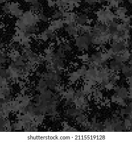 Black Dust Military Camouflage Seamless Pattern. Dark urban digital pixel style. Abstract army and hunting masking ornament texture. Vector illustration background