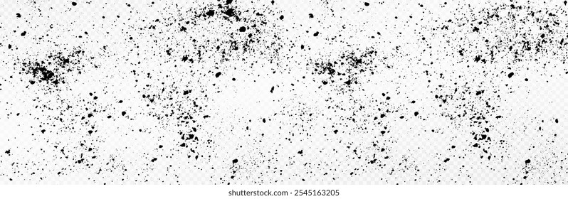 Black dust on transparent background. Splash grunge texture. Abstract small particles of dust. Grunge texture grain noise particles background.