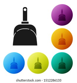 Black Dustpan icon isolated on white background. Cleaning scoop services. Set icons colorful circle buttons. Vector Illustration