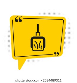 Black Dustpan icon isolated on white background. Cleaning scoop services. Yellow speech bubble symbol. Vector