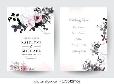 Black and dusty pink flowers glamour vector design bouquet frames. Dusty blush pink rose, white hydrangea, berry, black palm leaves. Floral dark luxury style. All elements are isolated and editable