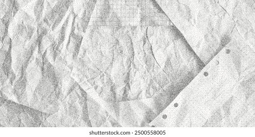 Black dusty textured background, sheets of crumpled checkered, dotted, craft paper. Noisy gritty dot halftone effect, banner in grunge style, overlay. Concept of paper recycling, reuse.