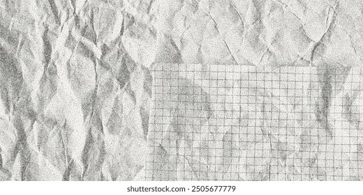 Black dusty textured background, sheets of crumpled checkered, dotted, craft paper. Noisy gritty dot halftone effect, vintage banner in grunge style, overlay. Torn out notebook pages.