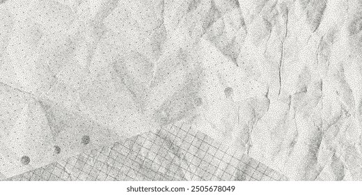 Black dusty textured background, sheets of crumpled checkered, dotted, craft paper. Noisy gritty dot halftone effect, retro banner in grunge style, overlay. Torn out notebook pages.