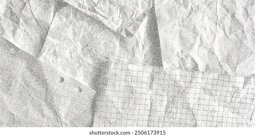 Black dusty textured background, sheets of crumpled checkered, dotted, craft paper. Noisy gritty dot halftone effect, banner in grunge style, overlay. Torn out notebook pages, template.