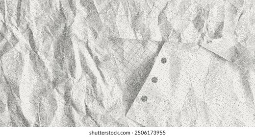 Fondo negro con textura polvorienta, hojas de papel artesanal arrugado a cuadros, punteado. Ruidoso efecto de punto arenoso, Anuncio envejecido en estilo grunge, superposición. Se han arrancado las páginas del cuaderno.
