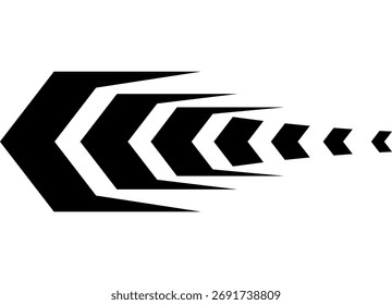 Flecha de Vector dinámica negra sobre un fondo blanco. Puntero, navegación. Elemento de diseño para una carrocería de coche, barco, motocicleta, ropa deportiva, juguete. Patrón de rayas de Vector de líneas gruesas y afiladas. Apliques de vinilo