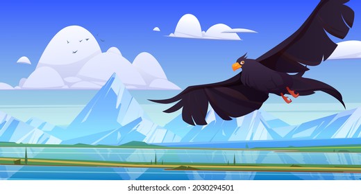 Black eagle, falcon or hawk flying with outspread wings over mountain lake picturesque landscape, wild bird predator hunting, searching prey on beautiful nature background, Cartoon vector illustration