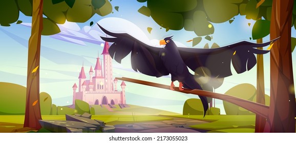 Black eagle, falcon or hawk sit on tree branch over landscape with pink magic castle on green hill, fairy tale palace with turrets. Wild bird on beautiful nature background Cartoon vector illustration