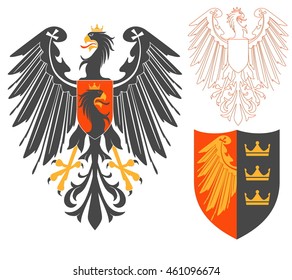 Black Eagle Illustration For Heraldry Or Tattoo Design Isolated On White Background. Heraldic Symbols And Elements