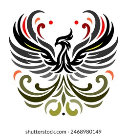 Black Eagle Mythology. A minimalist 2D line vector of a dragon on a white background. The dragon is in a powerful pose, with wings spread wide and tail artistically curled.