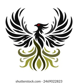 Black Eagle Mythology. A minimalist 2D line vector of a dragon on a white background. The dragon is in a powerful pose, with wings spread wide and tail artistically curled.