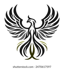 Black Eagle Mythology. A minimalist 2D line vector of a dragon on a white background. The dragon is in a powerful pose, with wings spread wide and tail artistically curled.