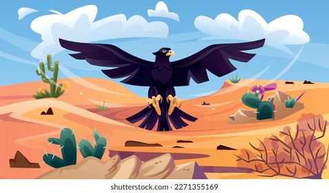 Black eagle over desert. Colorful banner with hawk or raven flying in sky over sand dunes and cacti looking for prey. Wild bird predator. Summer desert landscape. Cartoon flat vector illustration