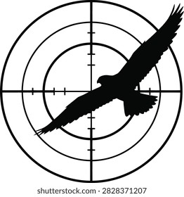 Black eagle silhouette in gun scope crosshairs for hunting and conservation concepts