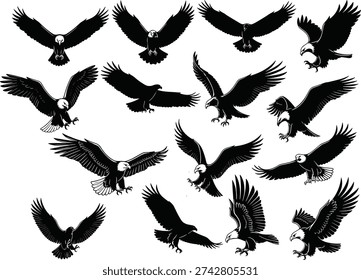 Black eagle silhouettes flying, landing, soaring, hunting, wings spread wide, talons extended, dynamic bird poses for design, illustration, decoration