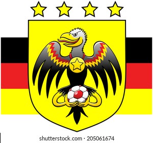 Black eagle smiling mischievously, staring at you, opening its wings, showing a starred medal hanging from its neck and holding a soccer ball with its talons while posing in a German coat of arms