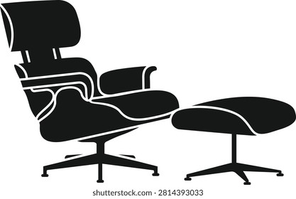 Black Eames Lounge Chair with Ottoman silhouette icon isolated on white background. Iconic designer furniture vector illustration for luxury interior design, home decor, living room, furniture catalog and architectural projects.