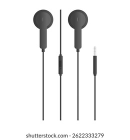 Black Earphones with Cable Vector. Earbuds Icon. Black Earphones with Audio Jack Cable.