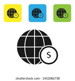 Black Earth globe with dollar symbol icon isolated on white background. World or Earth sign. Global internet symbol. Geometric shapes. Set icons colorful square buttons. Vector Illustration