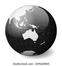 Black Earth globe focused on Australia. With thin white meridians and parallels. 3D glossy sphere vector illustration.