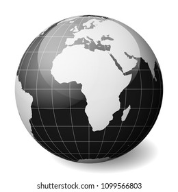 Black Earth globe focused on Africa. With thin white meridians and parallels. 3D glossy sphere vector illustration.