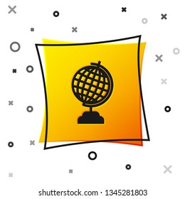Black Earth globe icon isolated on white background. Yellow square button. Vector Illustration