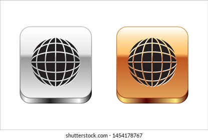 Black Earth globe icon isolated on white background. World or Earth sign. Global internet symbol. Geometric shapes. Silver-gold square button. Vector Illustration