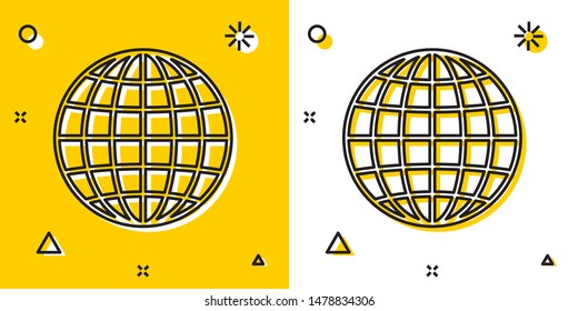 Black Earth globe icon isolated on yellow and white background. Random dynamic shapes. Vector Illustration